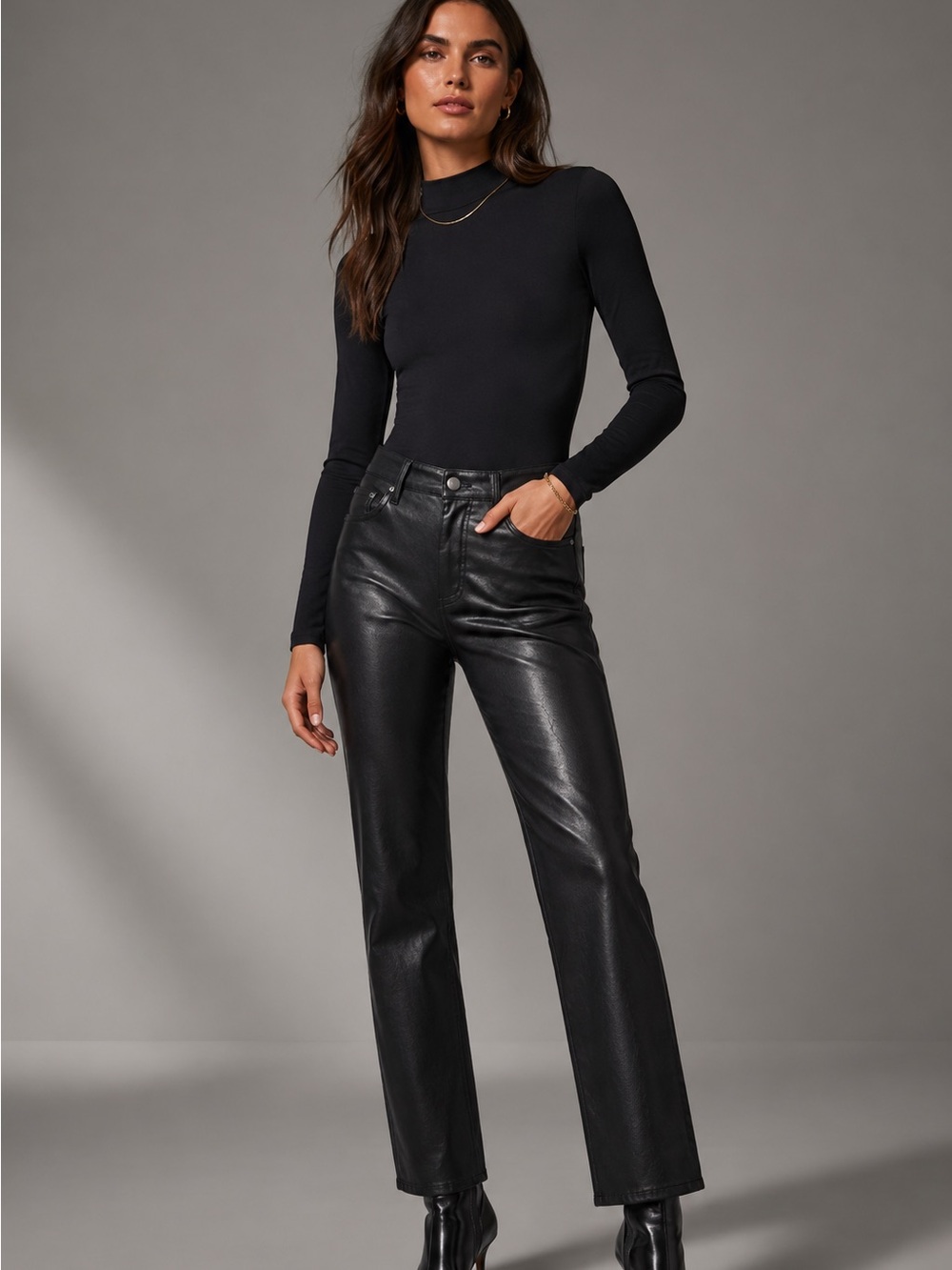 NWT PAIGE Stella Black Vegan Leather Straight Leg Pants Size 30 High Rise Luxe